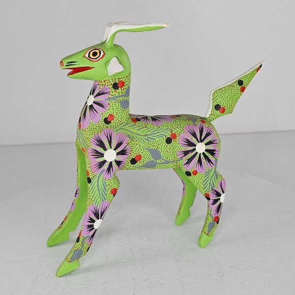 Handcrafted Green Floral Alebrije Deer Goat Figurine By Juan Hernandez Cruz - Picture 8 of 8